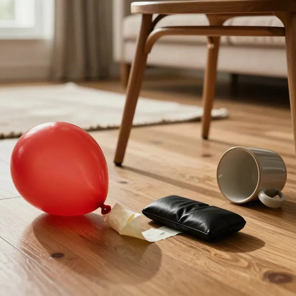 Globo desinflado, cojín whoopee y taza caída junto a una silla en un salón cálido.