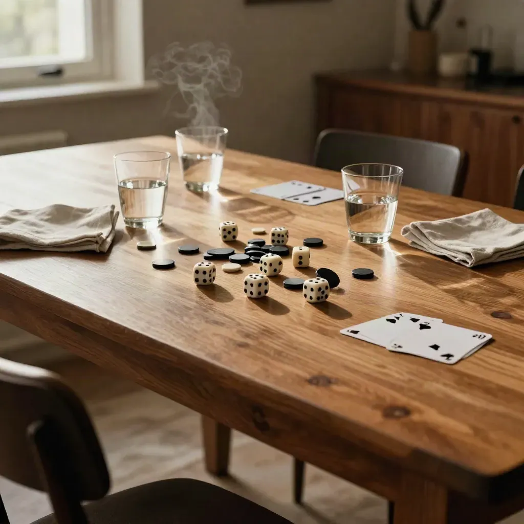 Mesa de comedor con dados, cartas boca abajo y vasos, lista para una partida nocturna.
