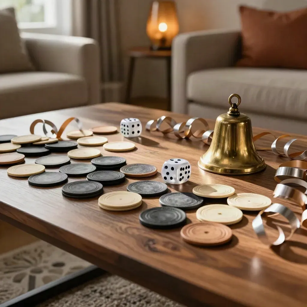 Mesa de salón con fichas, dados, campanita y serpentinas en espiral, lista para empezar.