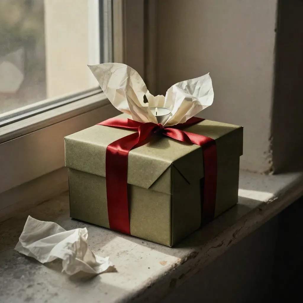 Caja regalo torcida con lazos y papel de seda, inclinada bajo una luz de ventana dramática.
