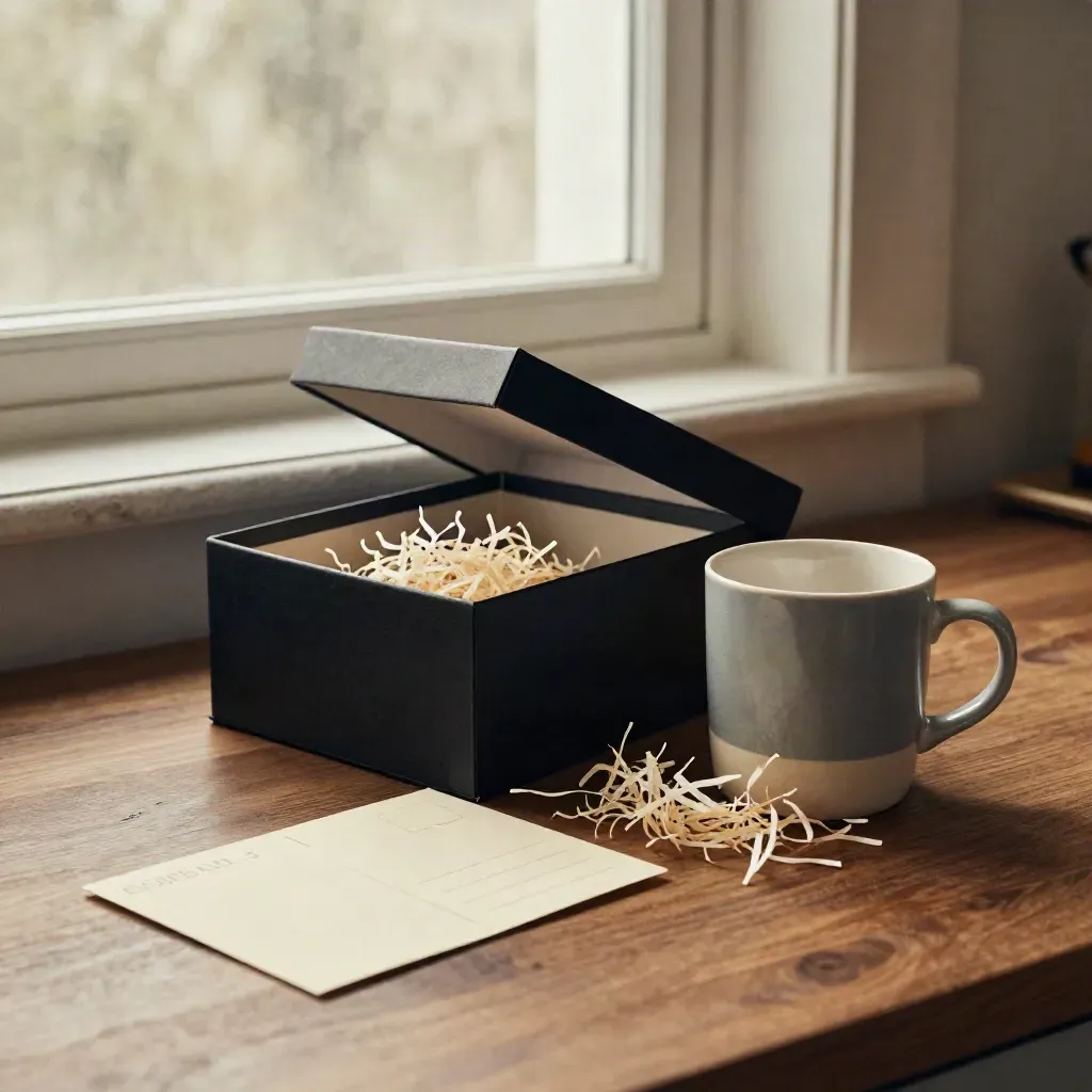 Caja regalo negra abierta con taza bicolor y postal doblada sobre mesa de cocina.