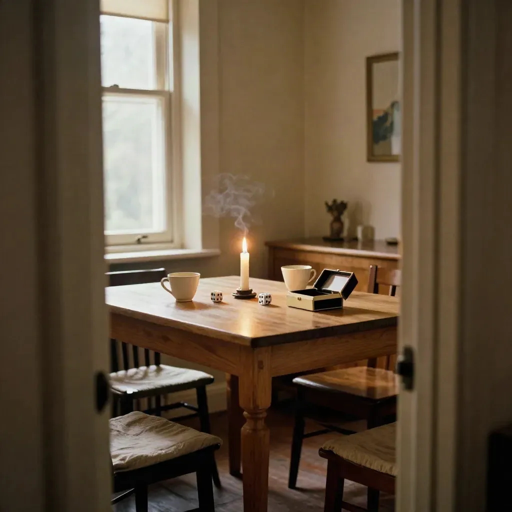 Rincón de comedor con dos tazas, dados, vela y caja de broma, en luz cálida de noche.